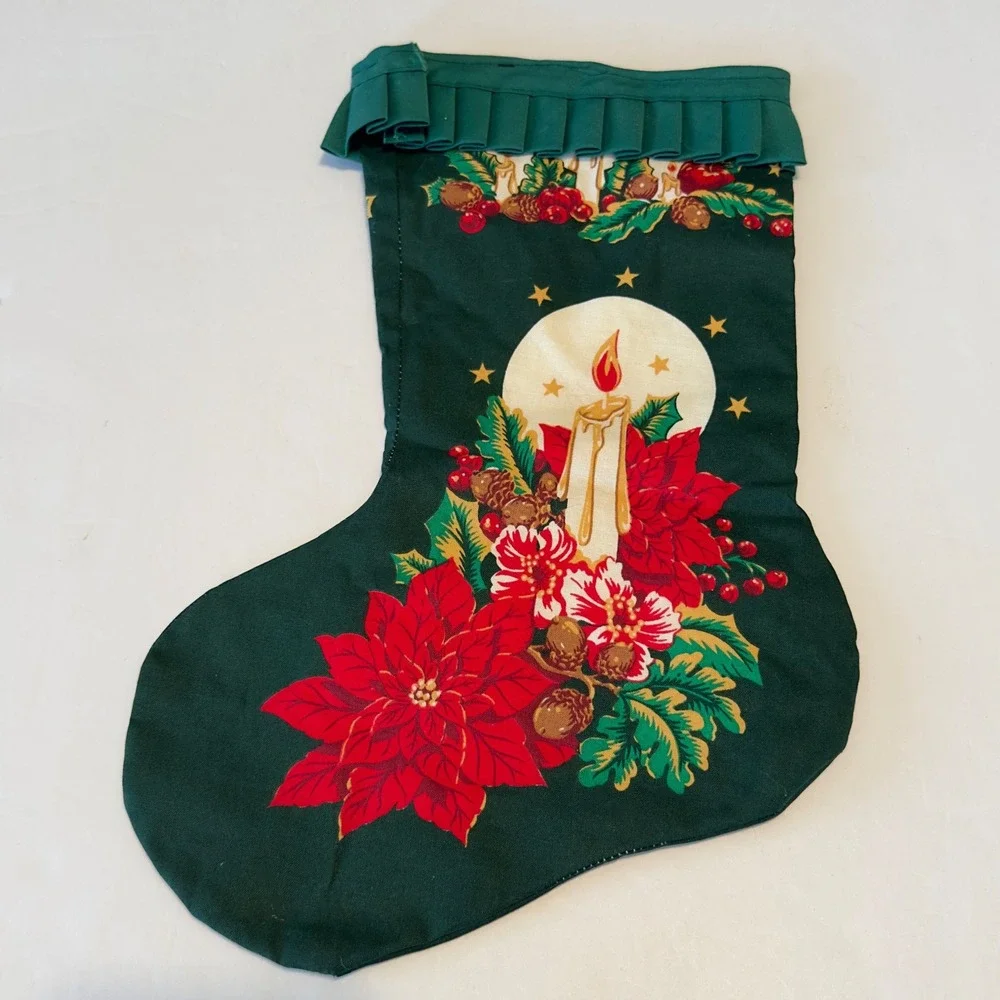 Vintage Christmas Stocking Green Poinsettia Candle Pleated Ruffle‎ Trim Retro